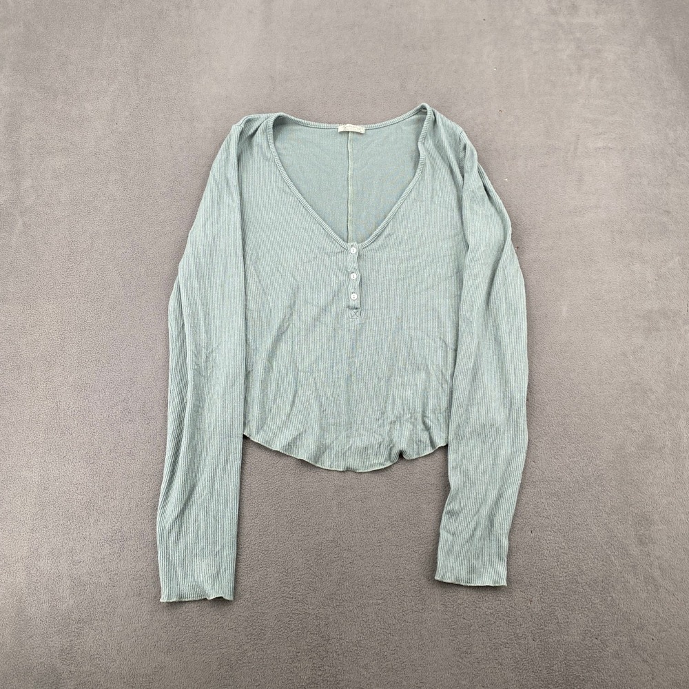 Intimately Free People Sage Green Ribbed Henley Long Sleeve Crop Top Medium